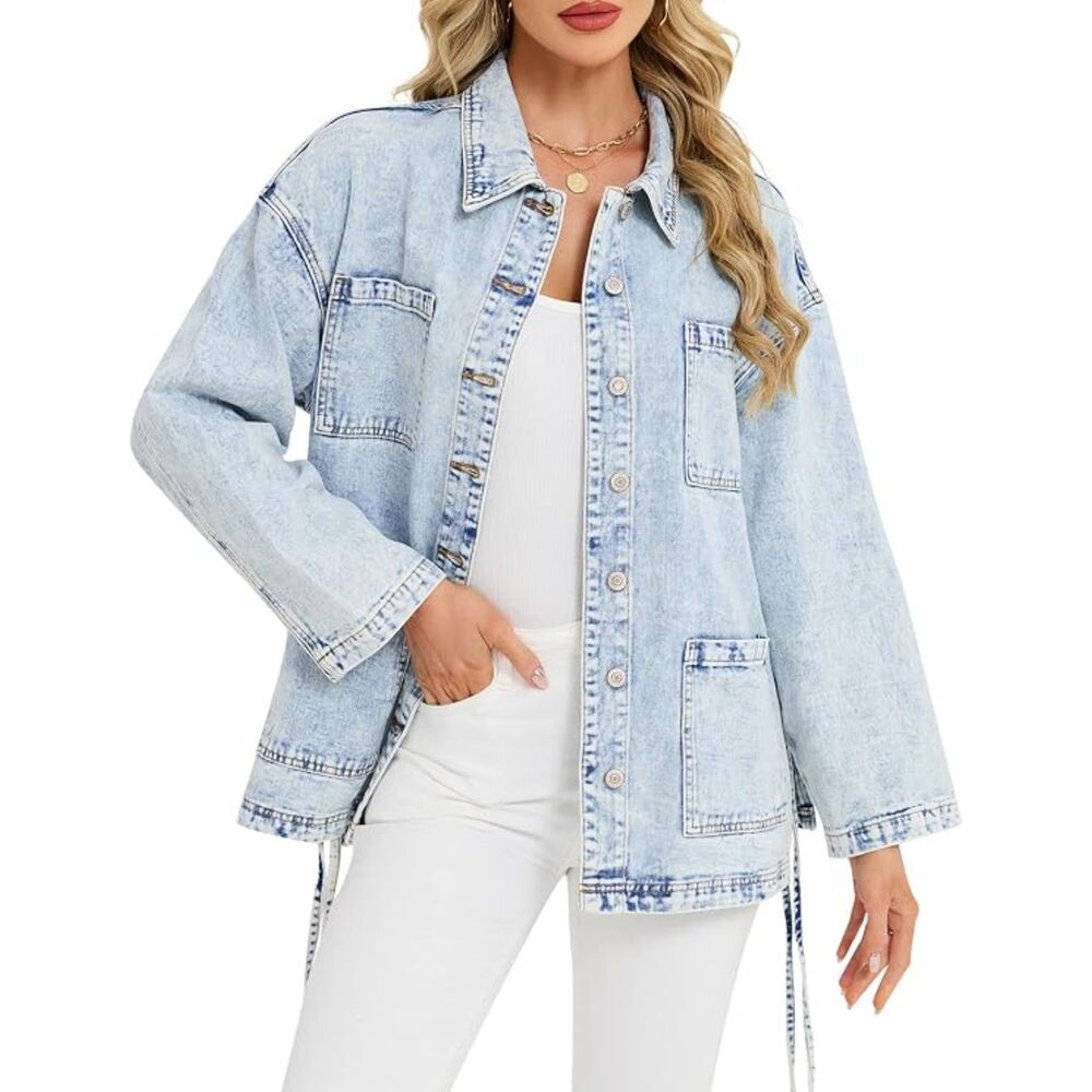 Women's Oversized Denim Jackets with Side Tie Western Boho Boyfriend Long Jean